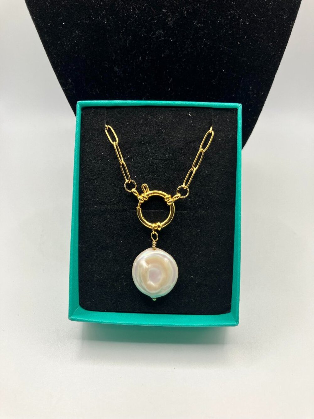 Baroque Genuine Pearl 20-in Real 18k gold plate Paperclip Stainless Steel Chain